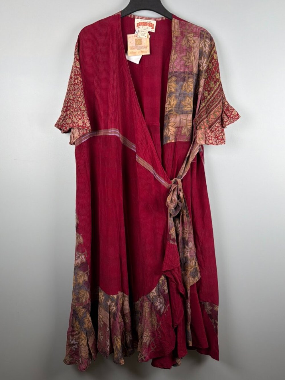 Kantha Bae Wrap Dress Patchwork Floral Boho Festival Silk Red Gypsy Hippie NWT